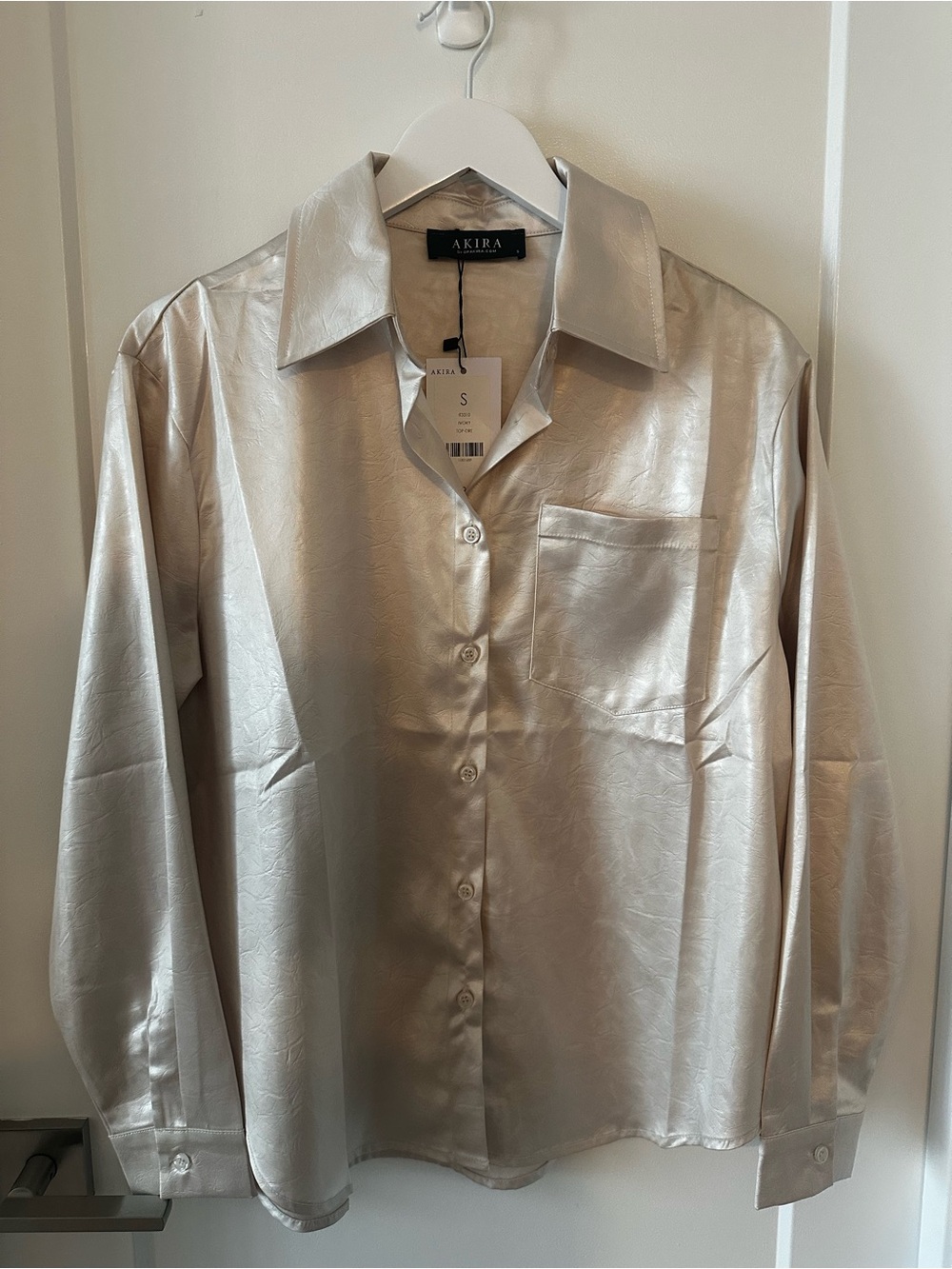 Akira Ivory Satin Long-Sleeve Shirt